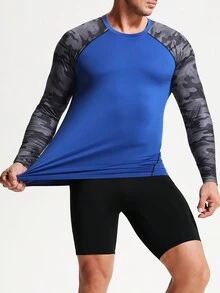 速乾男士迷彩運動衫-輕盈透氣長袖緊身t恤,適用於戶外活動、健身房和跑步,馬拉松,籃球。 - 藍色 - 查看 7