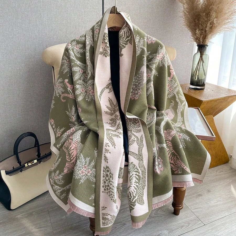 花紋厚針織女性辦公室披肩圍巾,適用於秋冬季節 - 墨綠色 - 查看 1