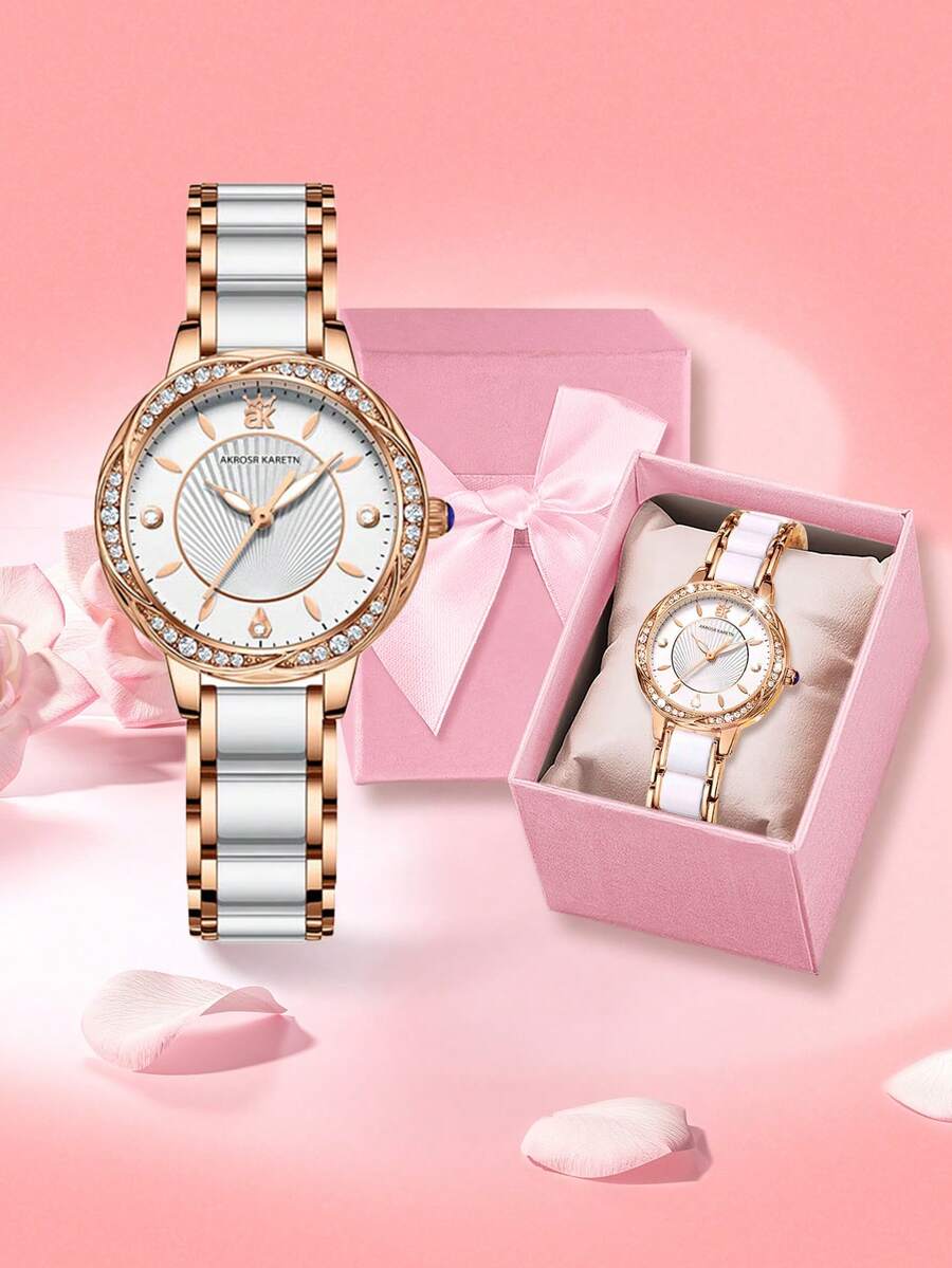 FANSICHEN 1入組女士手錶禮品套裝，精美錶盒配鑲有玫瑰金鑽石裝飾的創意表盤，防水手鏈女士手錶，搭配流行的玫瑰金白色錶帶，適合作為送給妻子、女朋友、姐妹、聖誕禮品等，石英女錶禮品套裝 - 玫瑰金 - 查看 1