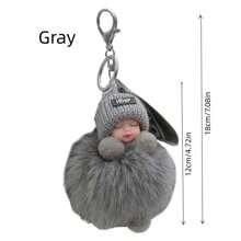 1入組毛絨睡覺嬰兒多色針織帽穿睡寶鑰匙扣，男女鑰匙扣配件 - 白色和灰色 - 查看 4