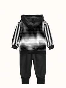 幼童男童春/秋季新款條紋運動衫和黑色長褲2入套裝,休閒運動連帽衫裝扮