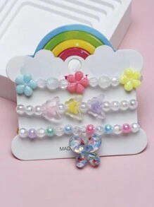 3pcs/set Child Beaded Bracelets With Colored Acrylic Beads, Butterfly & Flower Charms Accessories - Multicolor - View 2