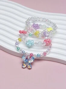 3pcs/set Child Beaded Bracelets With Colored Acrylic Beads, Butterfly & Flower Charms Accessories - Multicolor - View 5