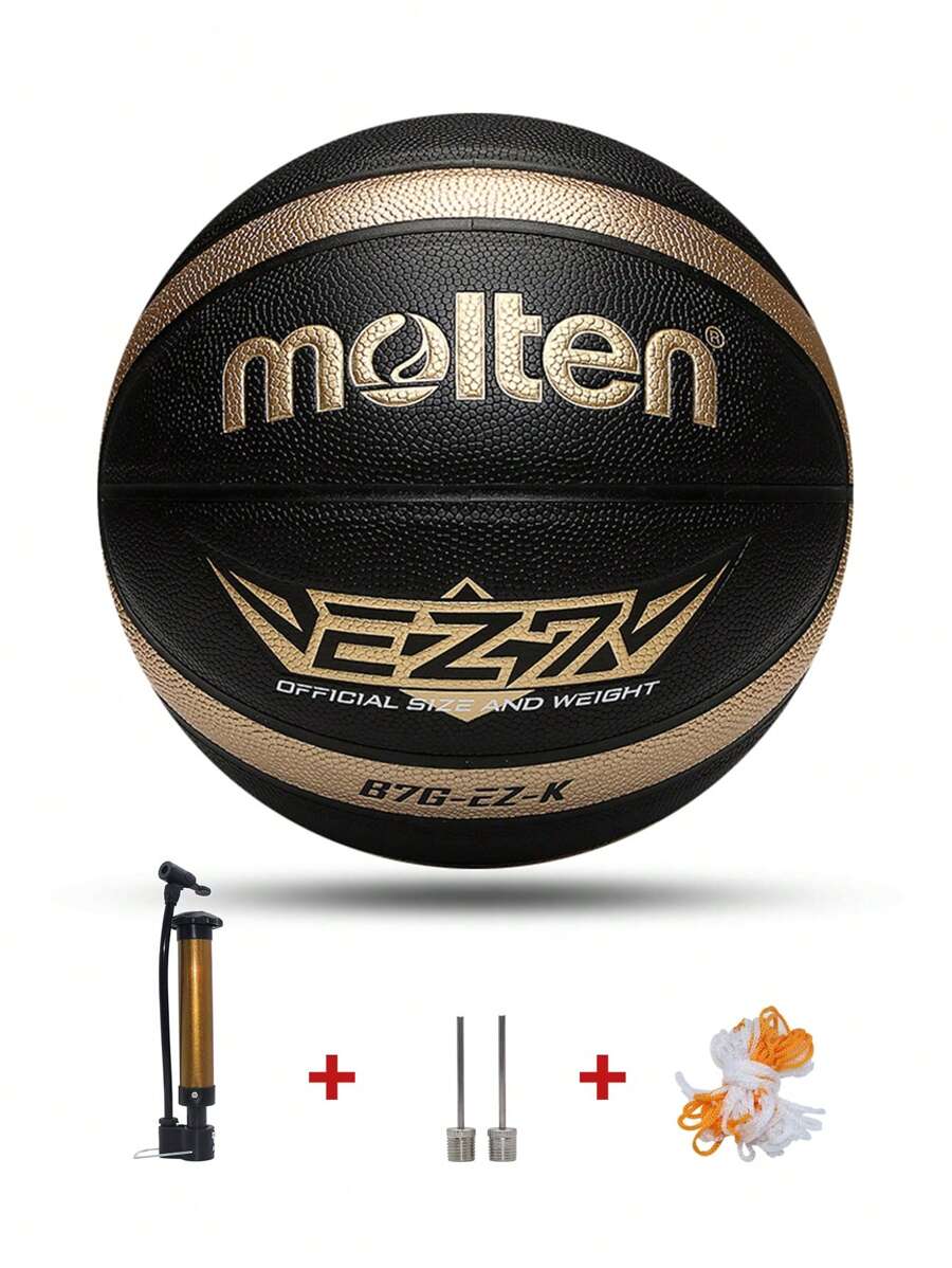 官方7號 Molten 籃球（b7g-ez-k）,適用於室內/室外比賽和訓練,耐磨且吸濕,附免費充氣筒/針/網袋（注：藍色球未充氣發貨） - 黑色 - 查看 1