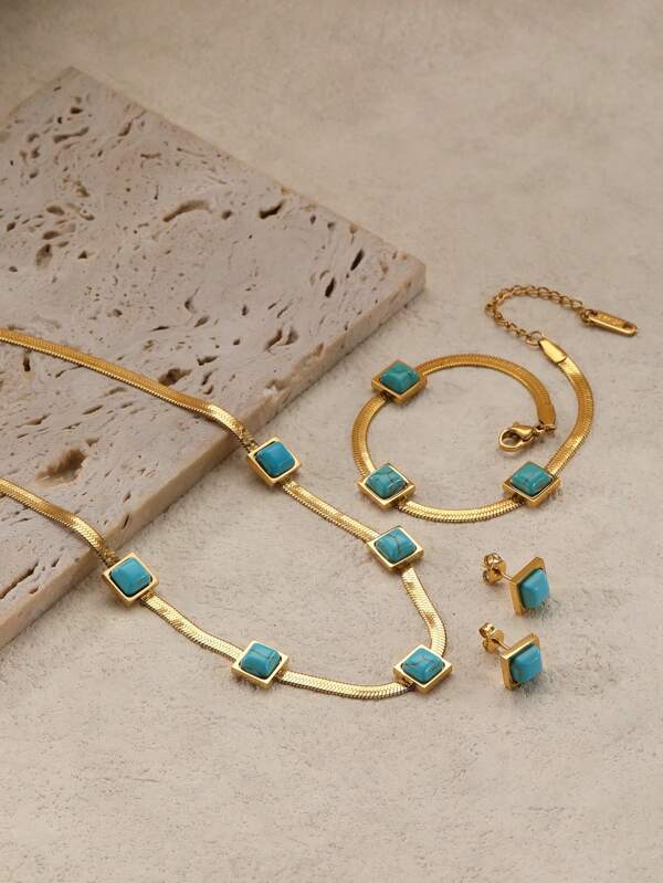 4pcs/Set Fashionable Vintage Natural Turquoise Stainless Steel 18k Gold Plated Necklace, Earrings, Bracelet Set