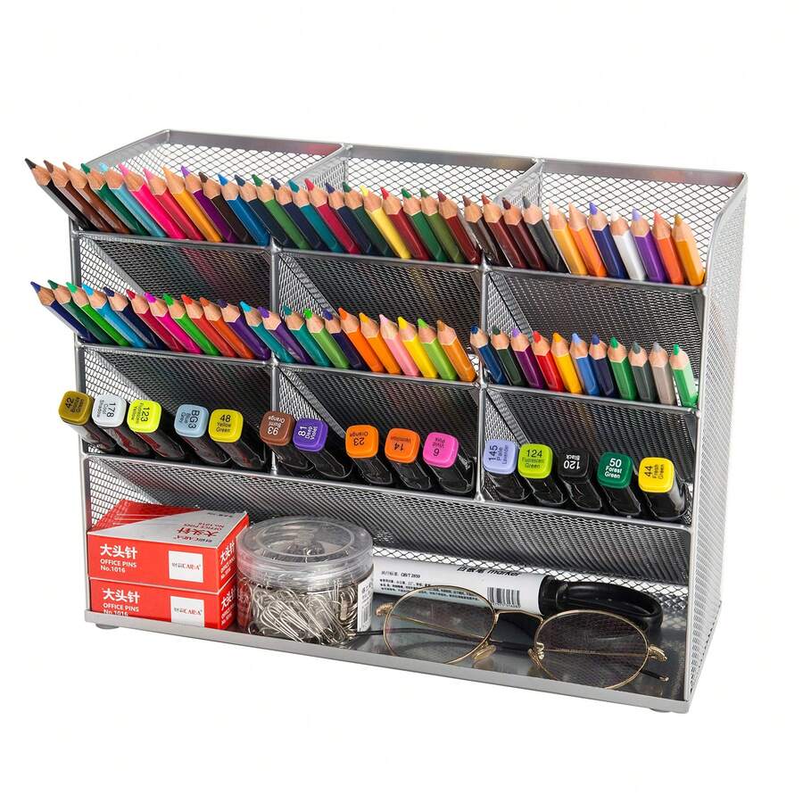 網狀桌面收納盒多功能桌面文具收納架筆筒盒,適用於家居、辦公室和學校用品 - 銀色 - 查看 1