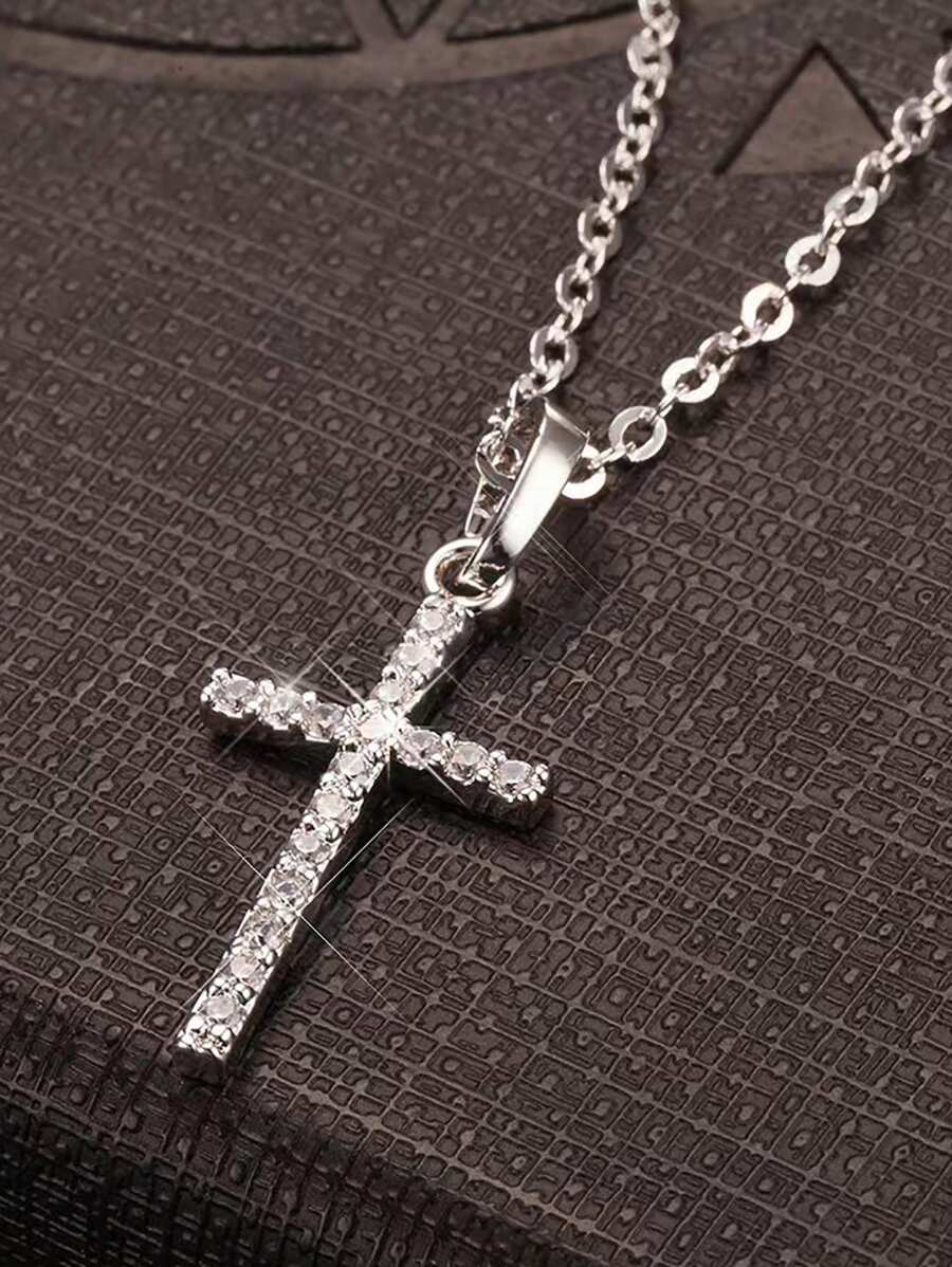 1pc Men's Gold Plated Rhinestone-encrusted Cross Necklace - Yellow Gold - View 1