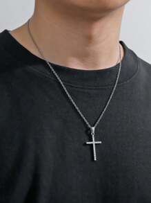 1pc Men's Gold Plated Rhinestone-encrusted Cross Necklace - Yellow Gold - View 6