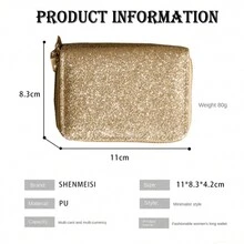 新款女士多拉鍊卡包,星星閃光卡片套多卡id包時尚女包 - 金色 - 查看 3