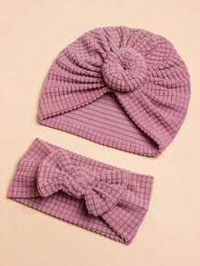 1pc Baby Cap And 1pc Baby Headband - Purple - View 2