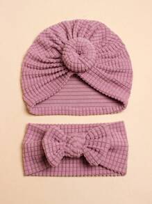 1pc Baby Cap And 1pc Baby Headband - Purple - View 1