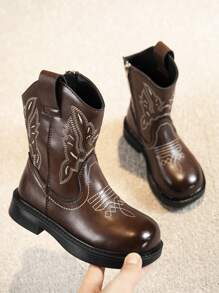 1pair Children Embroidered Leather Rubber Soft-Sole Mid-Calf Boots, Low-Top Flat Heel, Stylish For Spring And Autumn - Brown - View 8