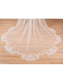1 Pc Phụ nữ 1 Tầng Cathedral dài ren hoa Appliques Wedding Mạng che mặt cô dâu cho tiệc cưới Ngà mùa thu quần áo cho phụ nữ - Màu be - Xem 2