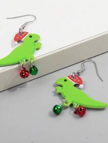 1對聖誕主題軟膠可愛帽子,綠色恐龍和鈴鐺吊墜耳環適合女性節日穿著