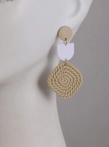 1對原創ins風格時尚手織半圓形半圓形淺卡其色柔軟粘土和白色長耳環,適用於度假和送禮 - 卡其色 - 查看 7