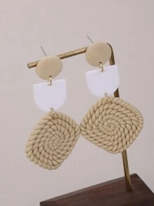 1對原創ins風格時尚手織半圓形半圓形淺卡其色柔軟粘土和白色長耳環,適用於度假和送禮 - 卡其色 - 查看 6