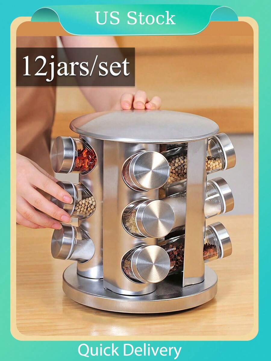 12pcs/set Silvery Stainless Steel Rotating Spice Jar Set, With 12 Glass Jars And A Revolving Stainless Steel Storage Rack For Countertop Use, Useful Kitchen Accessory For Organizing Spices And Seasonings - Silver - View 1