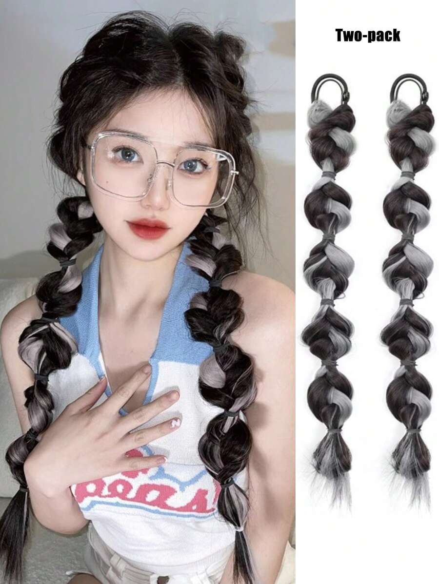 一對 16 英寸燈籠泡泡辮子漸變麻花假馬尾辮雙馬尾女式日常派對套裝 - 漸層 - 查看 1