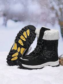 女士户外运动靴，系带拼接保暖内衬保暖雪地靴，中筒冬靴 - 黑色 - 查看 5