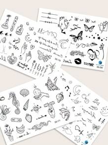 4入組鳥、心、鑽石、音符、心跳、單詞等設計的黑色暫時紋身貼紙,適用於手指、耳朵、手腕和身體其他小部位