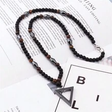 1pc Fashionable Magnetic Triangular Pendant Necklace For Men, Tiger's Eye & Black Cat Eye Healing Energy Stone Beaded Jewelry - Black - View 3