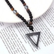 1pc Fashionable Magnetic Triangular Pendant Necklace For Men, Tiger's Eye & Black Cat Eye Healing Energy Stone Beaded Jewelry - Black - View 1