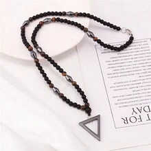 1pc Fashionable Magnetic Triangular Pendant Necklace For Men, Tiger's Eye & Black Cat Eye Healing Energy Stone Beaded Jewelry - Black - View 2