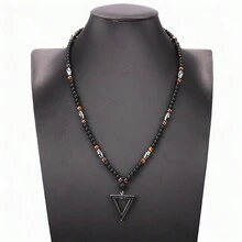 1pc Fashionable Magnetic Triangular Pendant Necklace For Men, Tiger's Eye & Black Cat Eye Healing Energy Stone Beaded Jewelry - Black - View 4