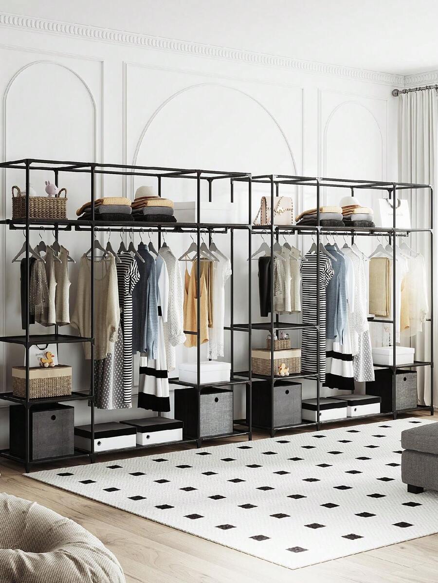 Hzuaneri Kleiderschrank, freistehende Garderobe, mit Kleiderstangen, Garderobenständer, Stoffablagen, Metallrahmen, 3 Kleiderstangen mit 9 Fächern, 43 x 162 x 176cm