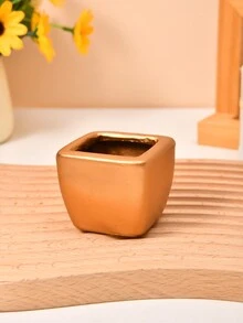 1 件創意方形多肉植物陶瓷花盆,可愛卡通設計,桌面裝飾微型花盆 - 金色 - 查看 5