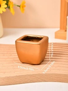 1 件創意方形多肉植物陶瓷花盆,可愛卡通設計,桌面裝飾微型花盆 - 金色 - 查看 3