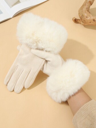 Cute 1pair Women's White Imitation Wool High Density Cuff Warm Gloves With Touchscreen Function, Winter Outdoor Cycling Accessory