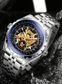 JARAGAR 1件男士時尚運動鏤空自動機械腕錶，夜光指針，頂級品牌不鏽鋼錶帶，商務休閒軍風個性化男錶 - 銀色 - 查看 8
