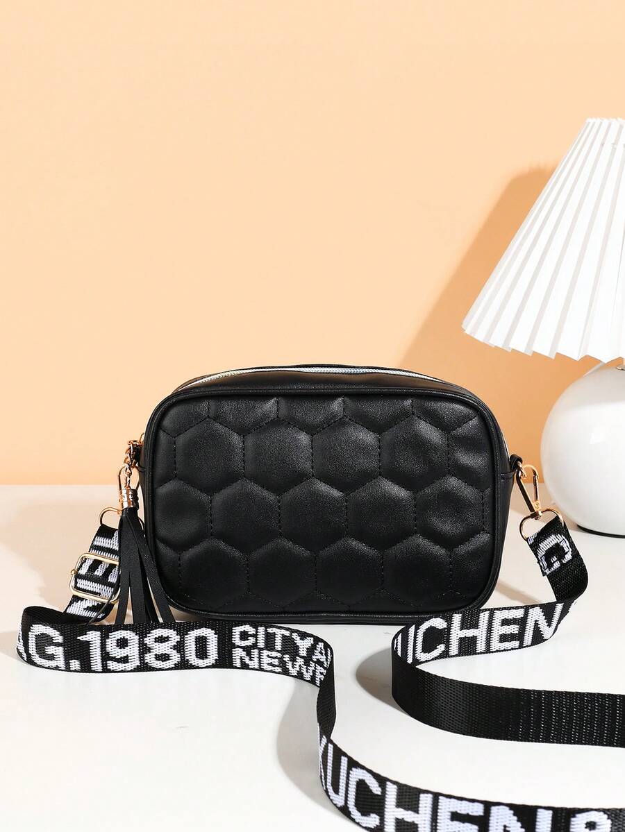 拼接pu刺繡和流蘇裝飾掛墜斜挎包 - 黑色 - 查看 1