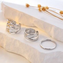 COINBUFF 3pcs/set Fashionable Stainless Steel Line Decoration Open Ring, Suitable For Women's Daily Wear - Silver - View 2
