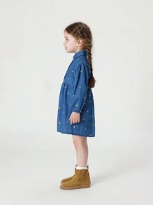 女童時尚滿底刺繡花苞袖翻領長袖牛仔連衣裙 秋季