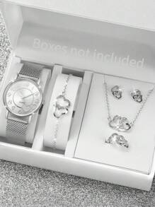 女士塑料网状表带时尚简约数字心形表盘石英腕表 + 珠宝套装（6 件/套）作为返校学生的礼物 - 銀色 - 查看 1