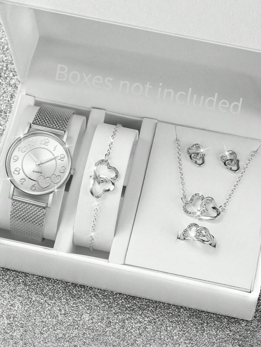 女士塑料网状表带时尚简约数字心形表盘石英腕表 + 珠宝套装（6 件/套）作为返校学生的礼物 - 銀色 - 查看 1