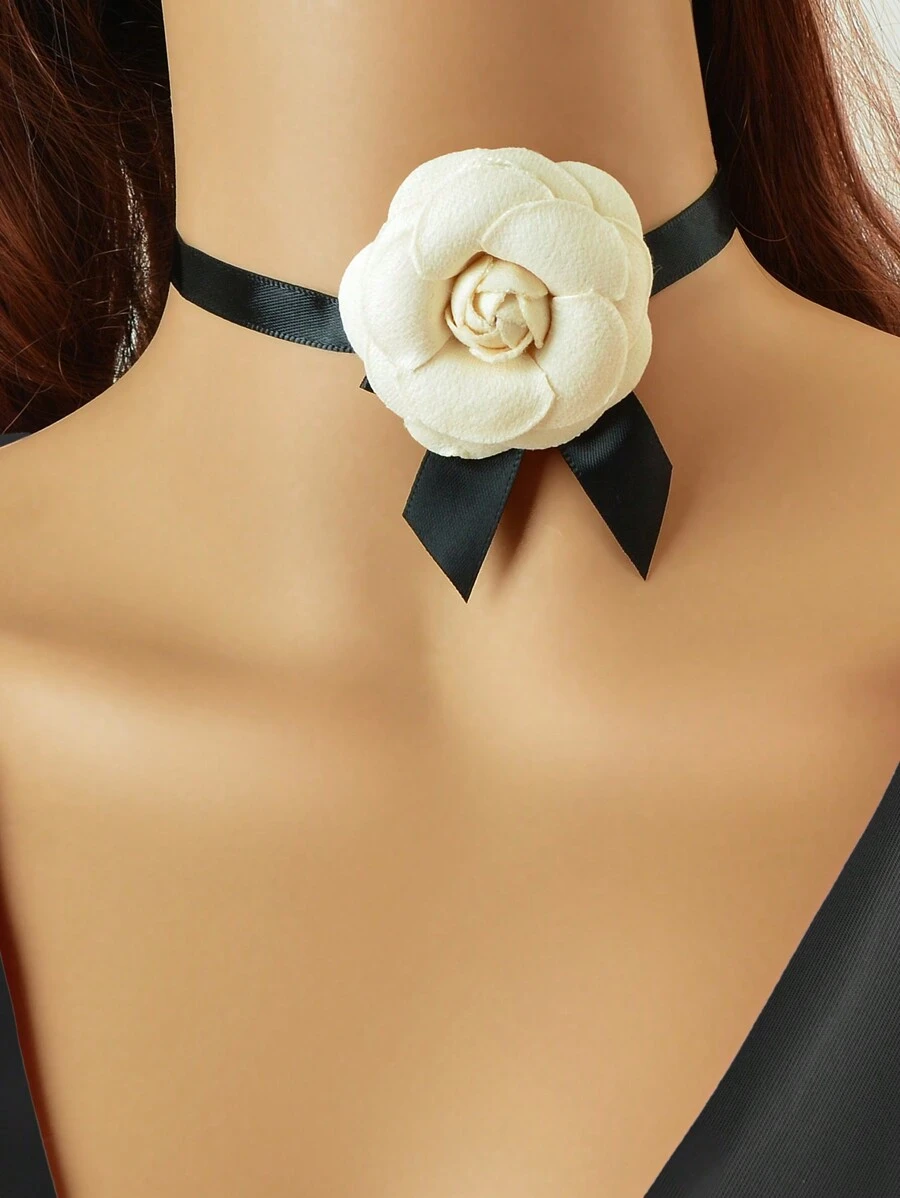1條復古90年代黑色緞帶項鍊,大型米色花朵領子短頸鍊,適用於女士聚會晚宴珠寶 - 黑與白 - 查看 1