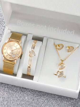 Enkelt mode för kvinnor med plastnätarmband kvartsklocka med digital hjärtmönsterurtavla + hjärtasmyckeset (6 st/set) Semester som en present till elever som återvänder till skolan