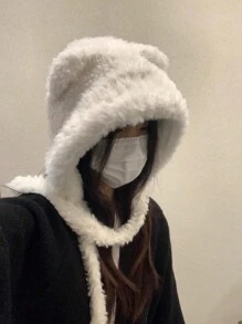 女士可愛熊耳絨毛帽,秋冬季節必備,塑臉 - 白色 - 查看 1