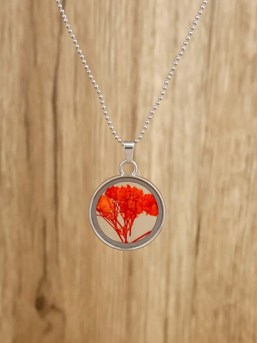 1pc Fashionable Beaded Chain & Flower Pendant Necklace - Multicolor - View 1