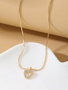 1入精品金屬極簡鑽石心形吊墜項鍊,適合女性休閒穿著 - 金黃色 - 查看 3