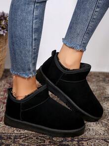 女士加厚保暖内衬皮革雪地靴短靴防滑保暖冬鞋 - 黑色 - 查看 2