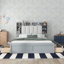 MERAX Wood Queen Size Platform Bed With Storage Headboard, Shelves And 4 Drawers - 灰色的 - 查看 2