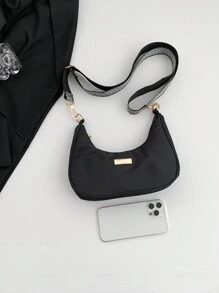 Adjustable Shoulder Strap Printed Wallet Purse, Solid Color Fashion Multi-use Crescent-shaped Crossbody Bag For Women - Black - View 3