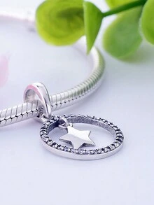 1個極簡風格925純銀圓形星星墜珠,diy手工藝品,男女適用,派對必備 - 銀色 - 查看 3
