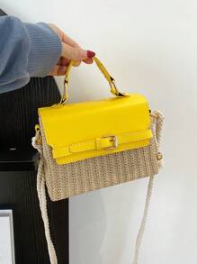Women's Straw Spliced Belt Design Portable Small Square Bag New Shoulder Crossbody Kelly Korean Version Bag - Yellow - View 2