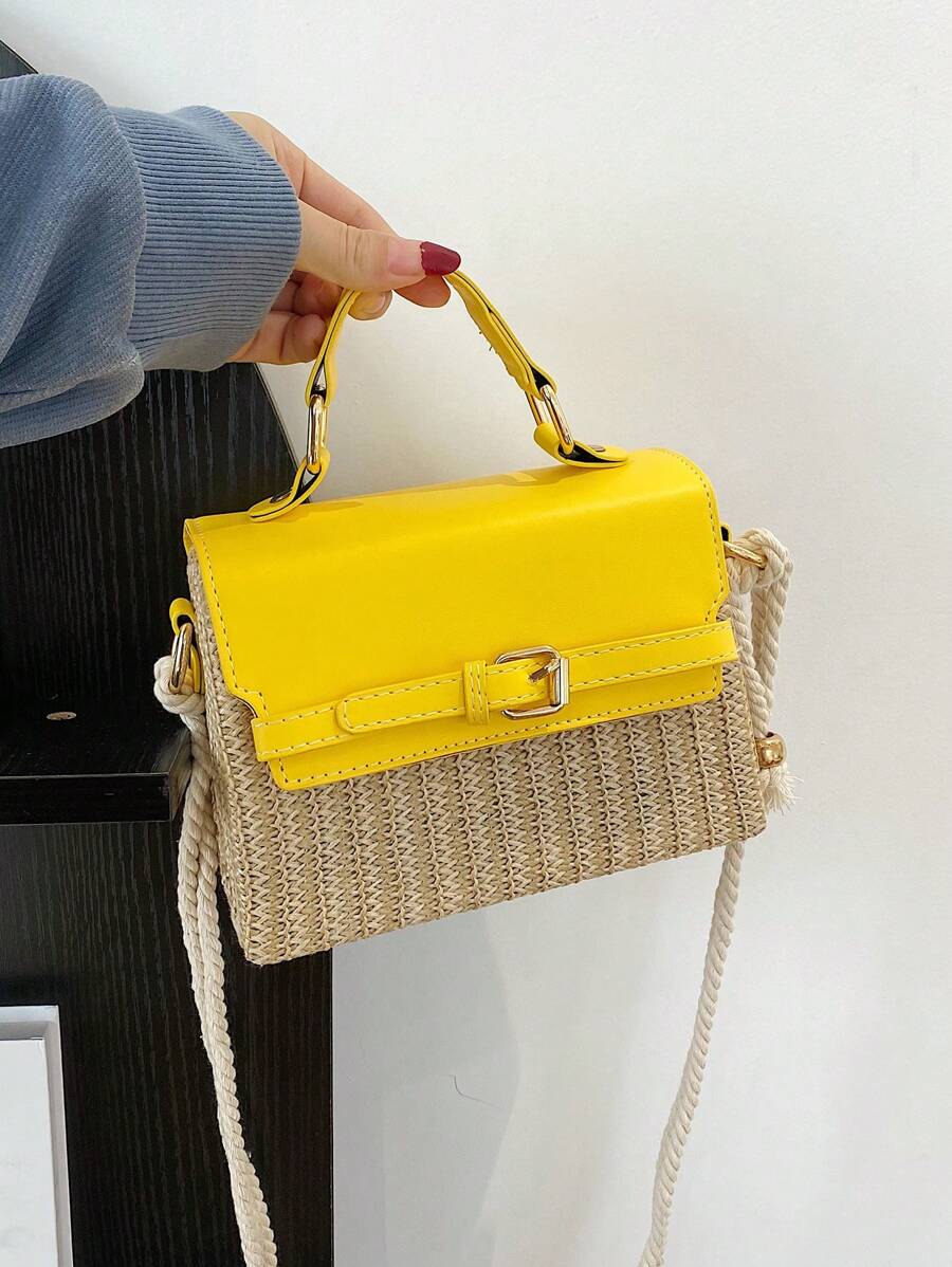 Women's Straw Spliced Belt Design Portable Small Square Bag New Shoulder Crossbody Kelly Korean Version Bag