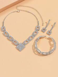 4入組高端鑲鑽裝飾珠寶套裝,包括項鍊、耳環、手鐲,適用於晚禮服 - 銀色 - 查看 4
